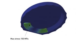 Fig. 9 The Disc – Max stress 150 MPa but very localised in the ‘hook’ region