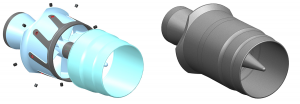 Fig. 2 Conventional design of ten parts (left) consolidated into a single AM part (right) (Courtesy Siemens)