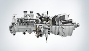 Fig. 2 A Siemens SGT-700 industrial gas turbine, featuring ground-breaking additively manufactured burner solutions developed and manufactured at the company’s nearby Finspång AM facility (Courtesy Siemens)