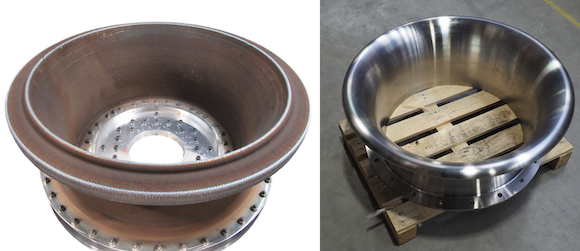 The near-net-shape blank of the bellmouth intake (left) and the finished component after final machining (Courtesy Gefertec)