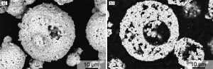 Fig. 6 (a) Agglomerated and sintered WC-12Co powder, showing powder morphology and (b) a cross-section of a powder agglomerate (Courtesy Fries, S; Vogelpoth, A; Kaletsch, A, Weisheit, A, and Broeckmann, C, ‘Effect of Thermal Post-treatment on Microstructure of Additively Manufactured Cemented Carbides’)