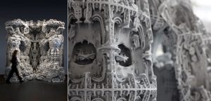 Fig. 7 Two images from the Digital Grotesque exhibition, a collaboration between BMW and Hansmeyer, that incorporates large-scale 3D printed sand sculptures that seek to examine the interconnectivity between art, technology and humanity (Courtesy Fabrice Dall'Anese)