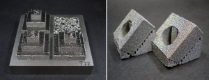 Fig. 10 Tungsten parts manufactured via PBF-EB. (L) Pyramids 30, 20 and 10 mm edge length and (R) ITER-type 28 x 27 x 12 mm monoblocks with an off-centre hole (Courtesy Kirchner, A; Dorow-Gerspach, D; Pilz, A; Klöden, B; and Weissgärber, T, ‘Additive Manufacturing of Molybdeum and Tungsten by PBF-EB)