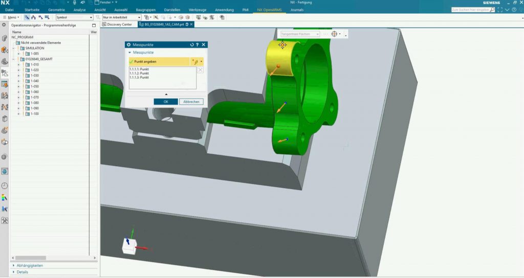 a) Definition of the measuring points in Siemens NX and direct transfer to OpenARMS via the interface of JANUS Engineering AG. b) Control of the measuring operation through simulation in OpenARMS (Courtesy toolcraft)