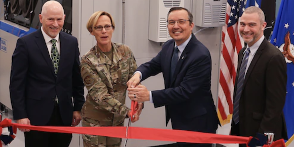 Technical Lead John Brausch, AFRL Commander Maj Gen Heather Pringle, AFRL Materials & Manufacturing Director Darrell Phillipson and Dr Edwin Schwalbach celebrating the opening of the AM Lab (Courtesy US Air Force/Jonathan Taulbee)