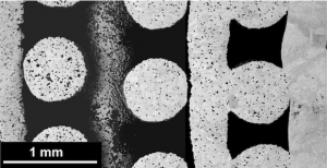 SEM image of a scaffold presenting graded microporosity (within filaments) (Courtesy Coffigniez, M, et al, “Sinter-Based Additive Manufacturing of Graded Porous Titanium Scaffolds by Multi-Inks 3D Extrusion”, Advanced Engineering Materials)