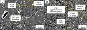Fig. 8 SEM images of the two types of microstructure observed at a high magnification: a) shows the oxide flakes, the melt pool boundaries and a cellular structure within the melt pool; b) shows the starlike shapes and a random network of secondary phases, corresponding to a dendritic structure [2]