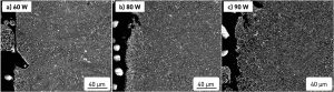 Fig. 9 SEM images of the cross-sections of the samples, with the samples additively manufactured with 60, 80 and 90 W laser power [2]