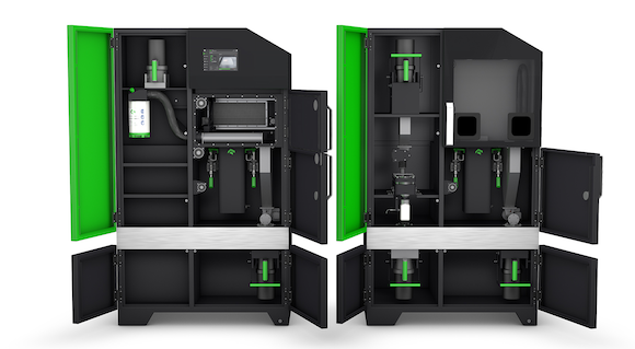 The BOLDseries includes the MPRINT (left) for the Additive Manufacturing stage, with the MPUREpro enabling part unpacking and sieving (Courtesy One Click Metal)