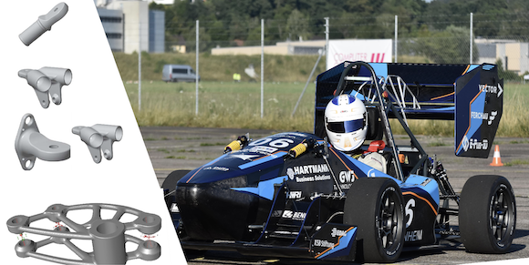 Eplus3D additively manufactured multiple parts to optimise an electric race car for a team at Mannheim University of Applied Sciences, including the front and rear diverters and their wishbone attachments (Courtesy Eplus3D)