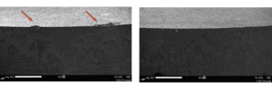 An electron microscope shows the quality of the tool's cutting edge: chips, which can occur during traditional manufacturing (left), do not appear in the additively manufactured tool (right) (Courtesy Gefertec)