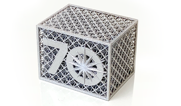 A team from LLNL developed a method for detecting and predicting strut defects in additively manufactured metal lattice structures during the build stage. Pictured is a sample lattice structure, celebrating the lab's seventieth anniversary, built by Gabe Guss (Courtesy Jean-Baptiste Forien/LLNL)