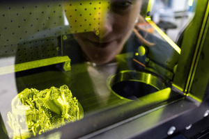 View inside theTruPrint 1000, showing dental prostheses produced by Additive Manufacturing (Courtesy Trumpf Group)