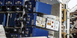 The Materials International Space Station Experiment (MISSE) Flight Facility on the exterior of the space station exposes L3Harris’ materials to the harsh environment of space (Courtesy NASA)
