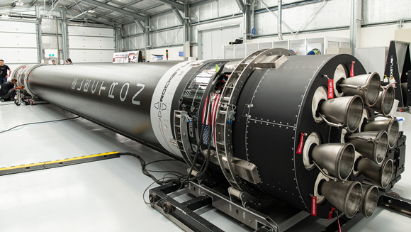 Rutherford engines are used as both first stage and second stage engines on the Electron launch vehicle, with nine engines on the first stage (above) and a single vacuum optimised engine on the second stage (Courtesy Rocket Lab)