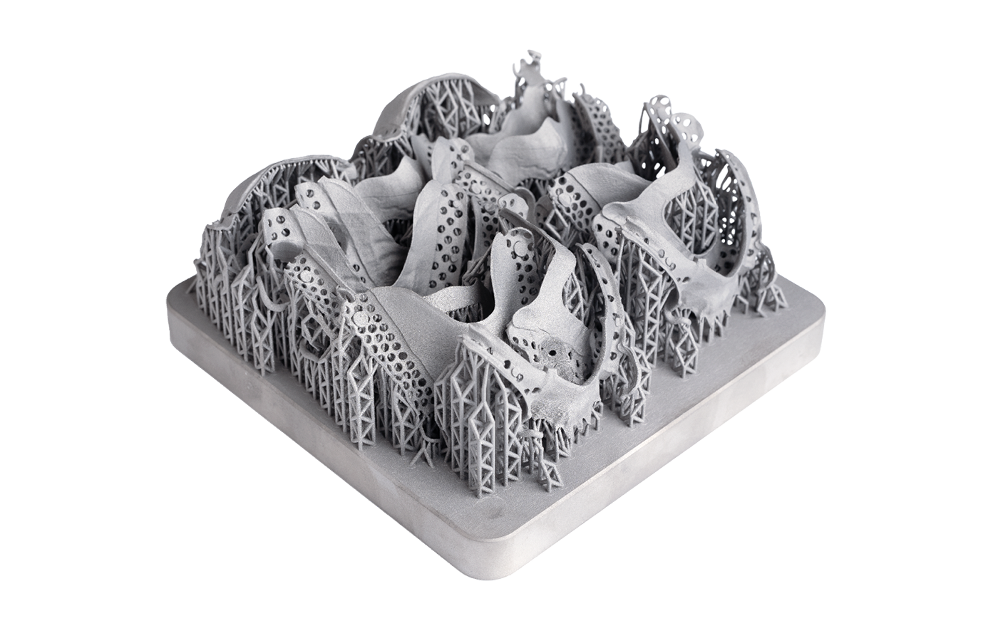 Fig. 1 Full platform with removable partial dentures in CoCr, manufactured on the DMP Flex 200 (Courtesy 3D Systems)