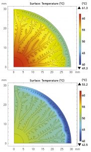 Fig. 5. The heat sink made of aluminium shown on the top has a significantly higher (average) temperature (59.3°C) compared to the multi-material heat sink shown on bottom (52.1°C) (Courtesy Fraunhofer IAPT)