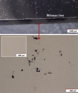 Fig. 9 Top, witness lines observed in chamber samples; bottom, optical microscopy of porosity, with an inset control sample from an ideal PBF-LB GRCop-42 build (Courtesy NASA)