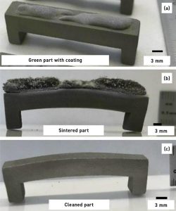 Fig. 3 (a) Stainless steel green part (33 mm span) with SRSC-Steel coating, (b) sintered part and (c) sintered part after cleaning