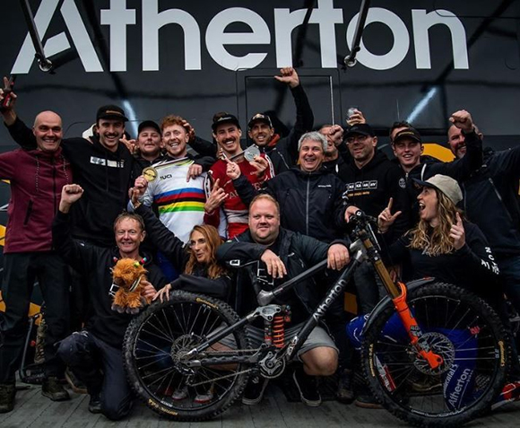 The Atherton BIkes team celebrates gold and silver in the UCI World Championships Elite Men’s competition downhill event (Courtesy Atherton Bikes)