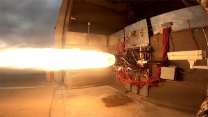 A Hadley engine with a copper combustion chamber, printed in Youngstown, Ohio, during a hotfire test (Courtesy Ursa Major)