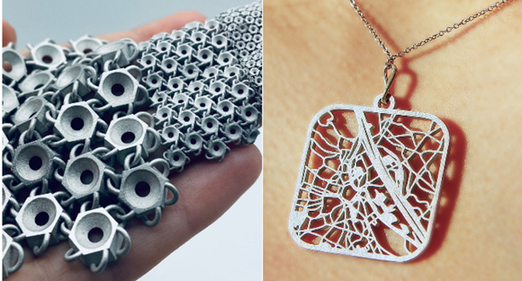 On the left, additively manufactured steel chain in three sizes, produced via LMM, in the as-sintered stated prior to surface polishing. On the right. a Vienna pendant, stainless steel, additively manufactured by LMM and shown in the as-sintered state prior to surface polishing (Courtesy Incus)