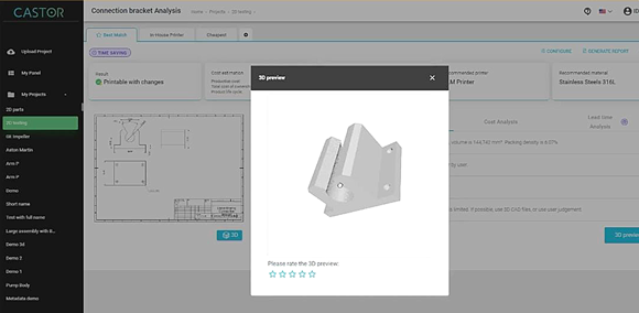 Once a 2D drawing is uploaded, Castor's software allows users to simulate a 3D view, providing a comprehensive analysis of the suitability for Additive Manufacturing (Courtesy Castor Technologies)