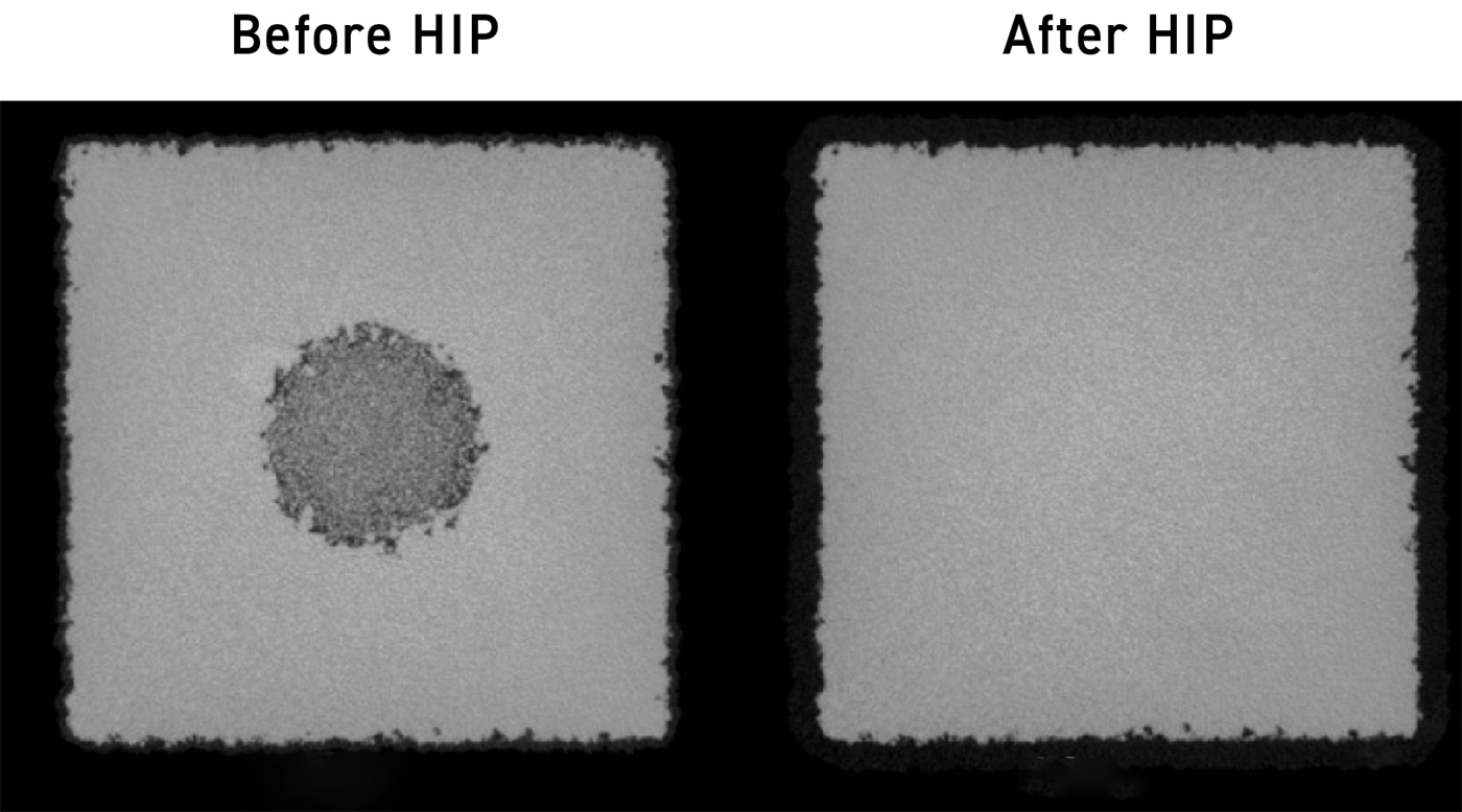 Fig. 1 HIP treatment closes pores and cracks in AM parts, improving mechanical strength substantially. X-ray tomography showing pore closure (Courtesy A Du Plessis, E MacDonald) [1]
