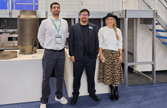 From left to right: Harry B Saltos, Business Development Manager at Additive Plus; Don Xu, Managing Director of Farsoon Americas; Ashkhen Ovsepyan, CEO of Additive Plus at last year’s Formnext exhibition (Courtesy Farsoon Technologies)