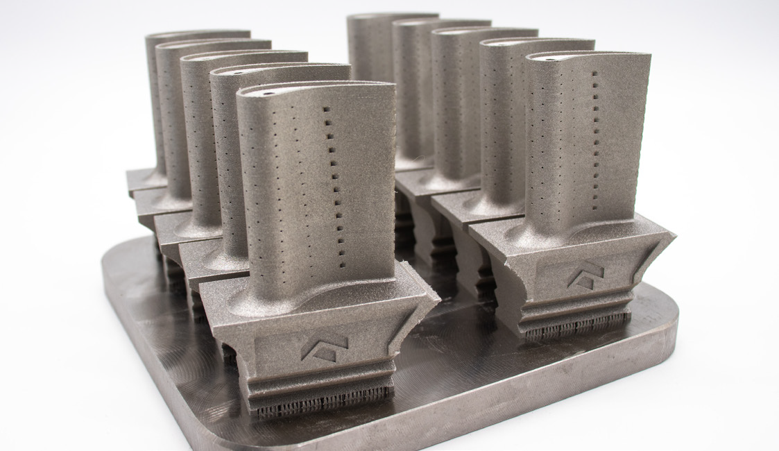 Additively manufactured turbine blades produced on a One Click Metal Additive Manufacturing machine (Courtesy One Click Metal)