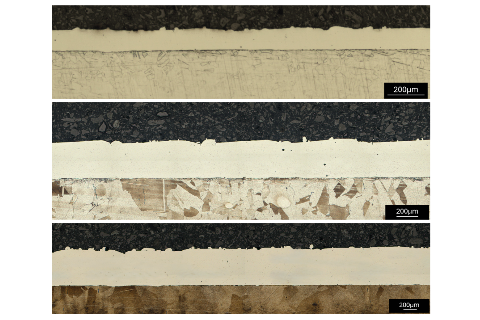 Fig. 12 Metallographic cross-sections of coatings with one, three, and five layers